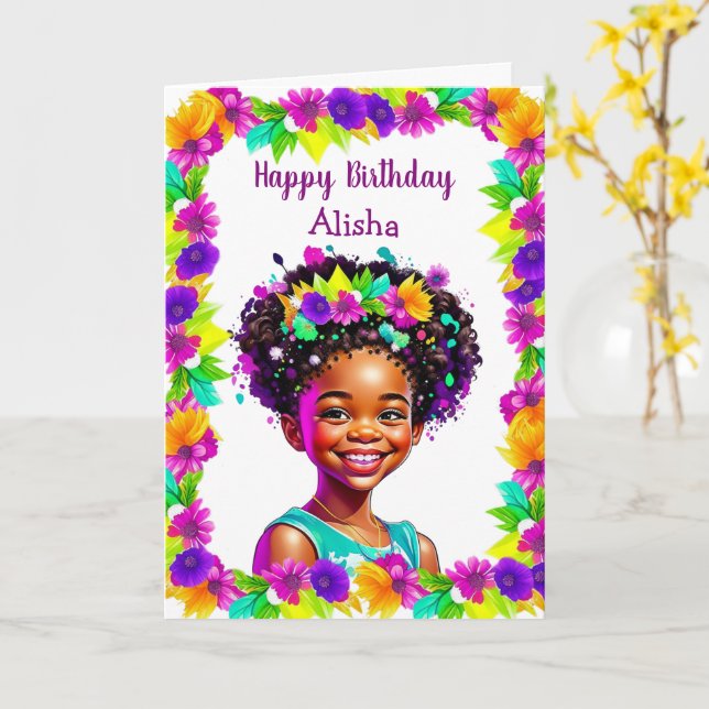 African-American Girls Birthday Personalised Card (Yellow Flower)