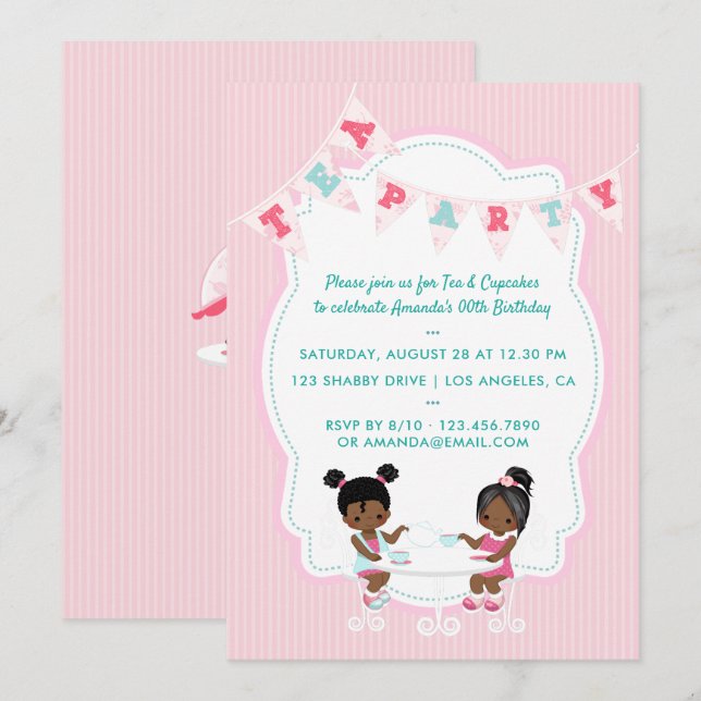 African-american Girl's Birthday Tea Party invite (Front/Back)