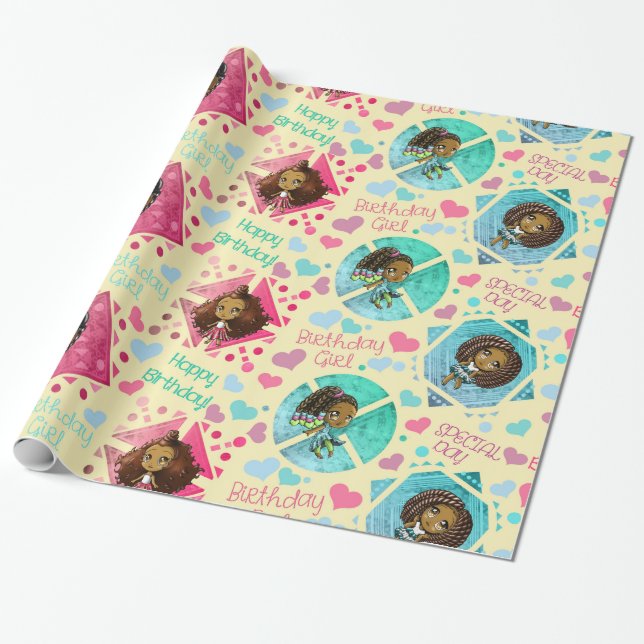 African American Girls with Hearts Birthday Wrapping Paper (Unrolled)