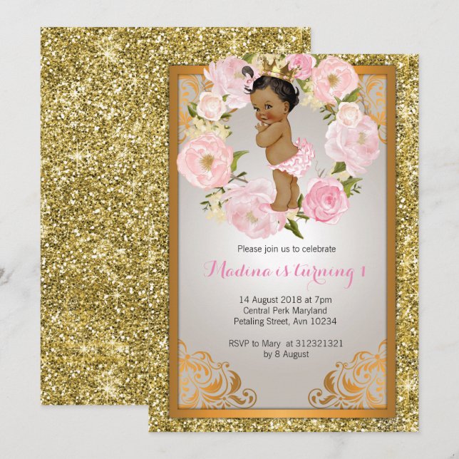 African American Gold 1st birthday invitations (Front/Back)