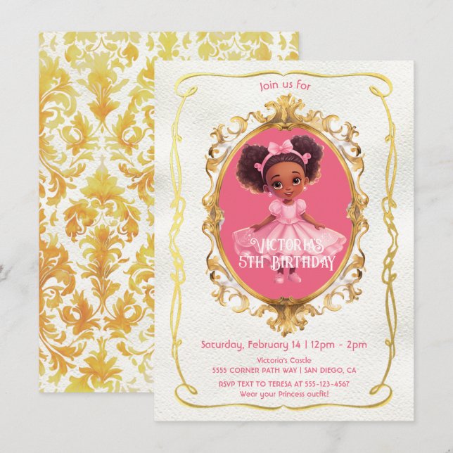 African American Gold Pink Princess Birthday Party Invitation (Front/Back)