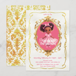 African American Gold Pink Princess Birthday Party Invitation