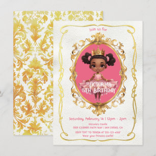 African American Gold Pink Princess Birthday Party Invitation