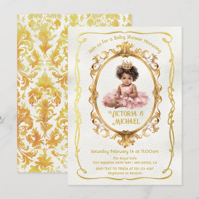 African American Gold Princess Baby Shower Invitation (Front/Back)