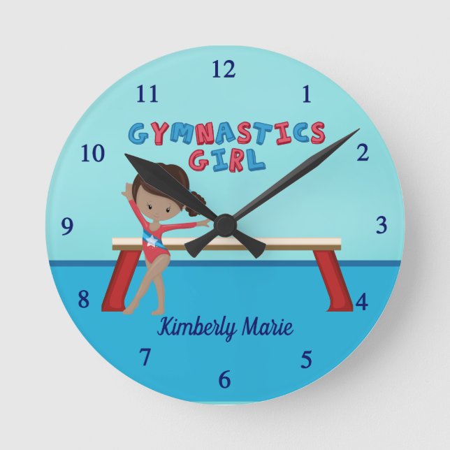 African American Gymnastics Girl Custom Gymnast Round Clock (Front)