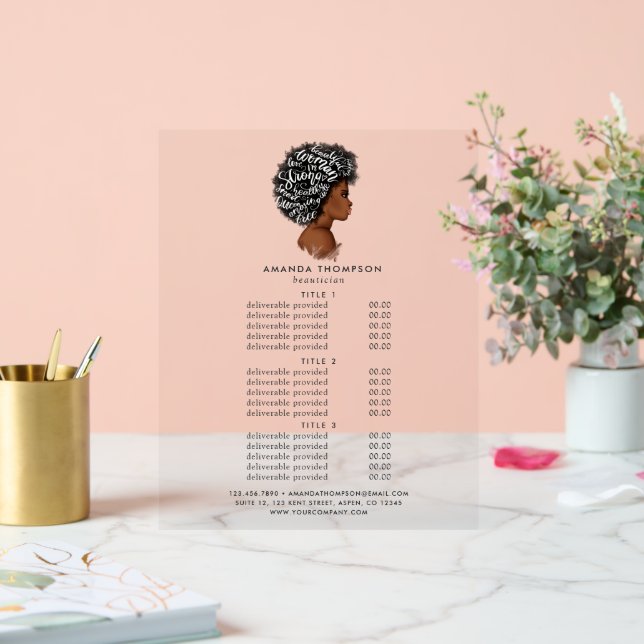 African American Hair Salon Pricing & Services Acrylic Sign (Wedding)