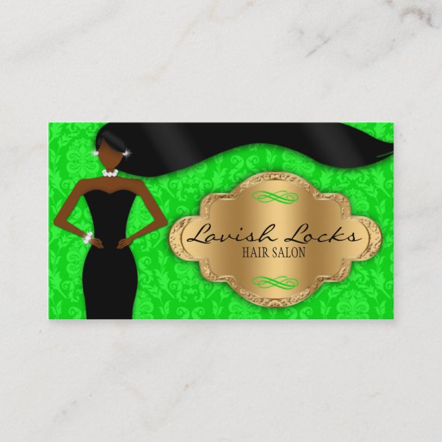 African American Hair Stylist Green Gold Damask Business Card (Front)