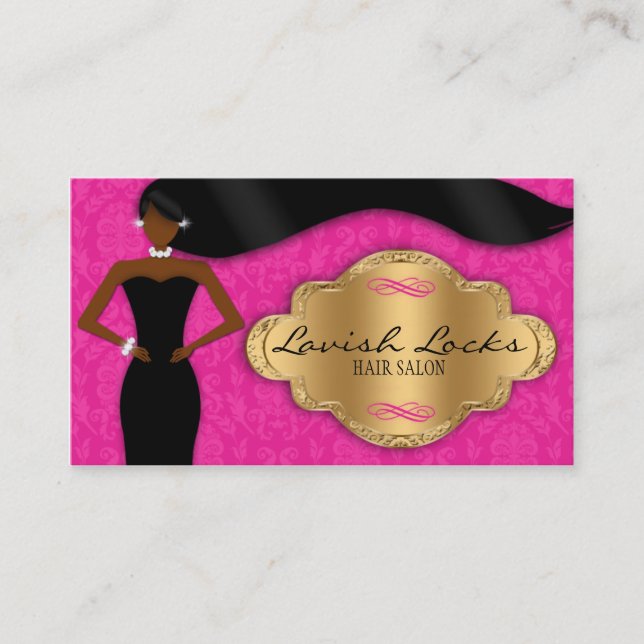 African American Hair Stylist Pink Gold Damask Business Card (Front)