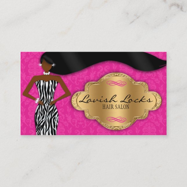 African American Hair Stylist Pink Gold Zebra Business Card (Front)