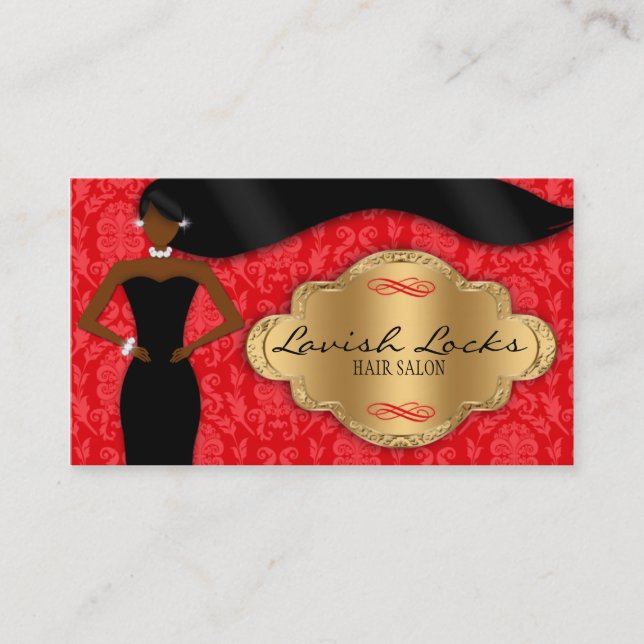 African American Hair Stylist Red Gold Damask Business Card (Front)