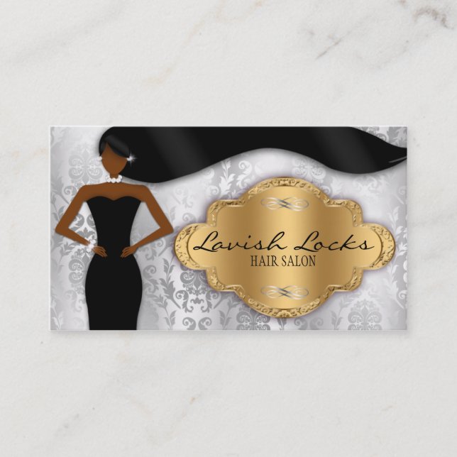 African American Hair Stylist Silver Gold Damask Business Card (Front)