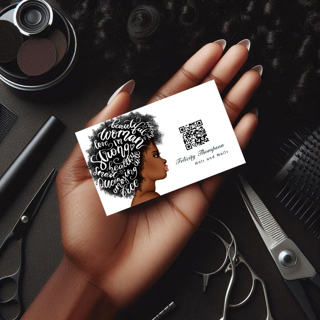 African American Hairdresser QR Code Business Card (Hair Stylist Business Card)