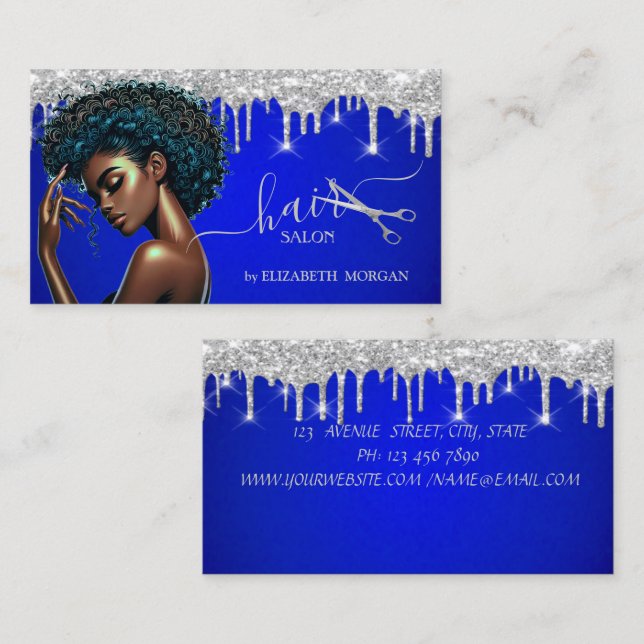 African American Hairdresser Silver Glitter Drips  Business Card (Front/Back)