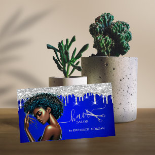 African American Hairdresser Silver Glitter Drips  Business Card