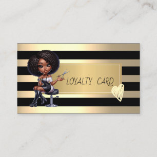 African American Hairdresser Stripes,Gold Hearts  Loyalty Card