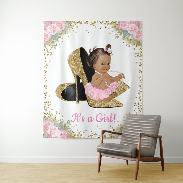 African American High Heel Baby Shower Backdrop Tapestry (In Situ)
