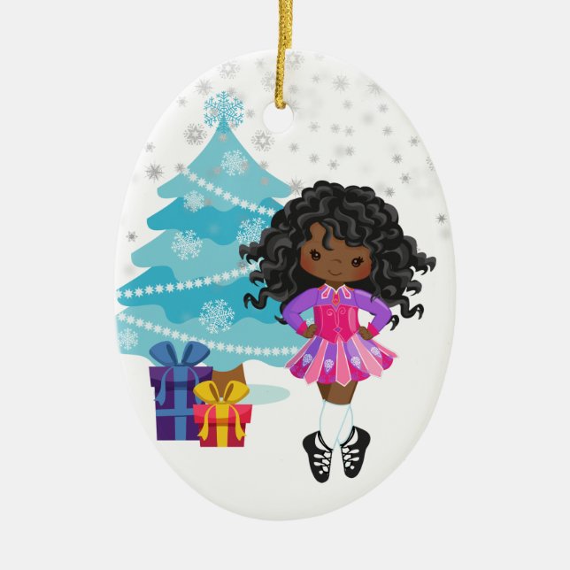 African American Irish Dancer Winter Christmas Ceramic Tree Decoration (Front)