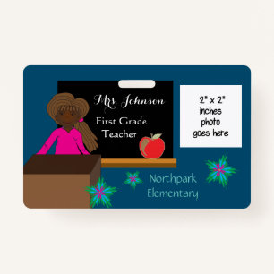 African American k-12 teacher blue photo ID badge