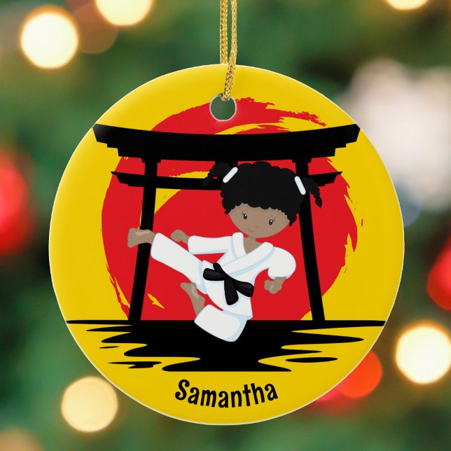 African American Karate Girl Custom Christmas Ceramic Tree Decoration (Creator Uploaded)