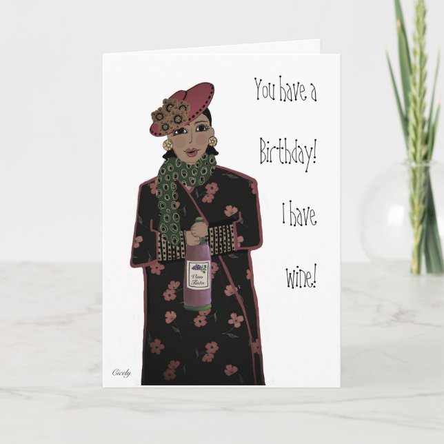 African American Lady Wine Birthday Card (Front)
