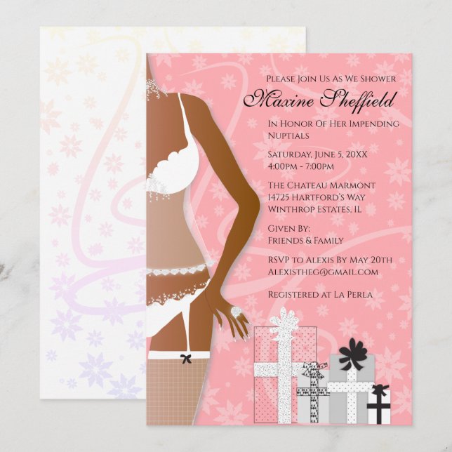 African American Lingerie Bridal Shower Rose Pink Invitation (Front/Back)