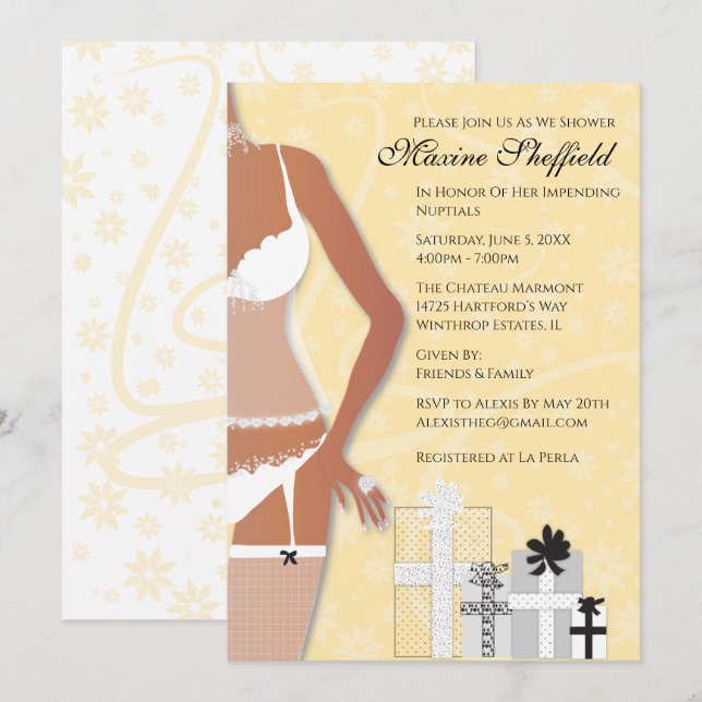 African American Lingerie Bridal Shower Yellow Invitation (Front/Back)