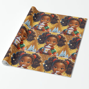 African American Little Girl Christmas Chocolate Wrapping Paper