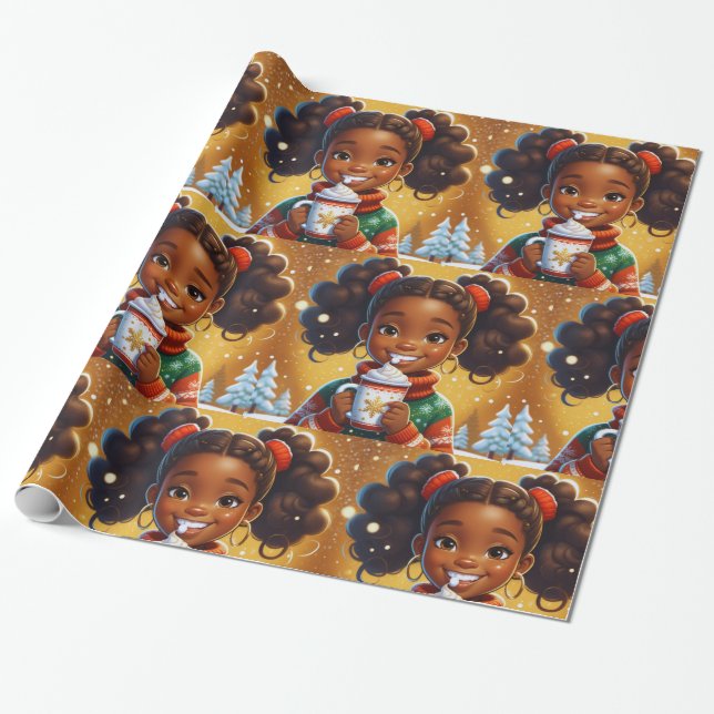 African American Little Girl Christmas Chocolate Wrapping Paper (Unrolled)