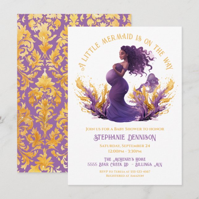 African American Little Mermaid Baby Shower Invitation (Front/Back)