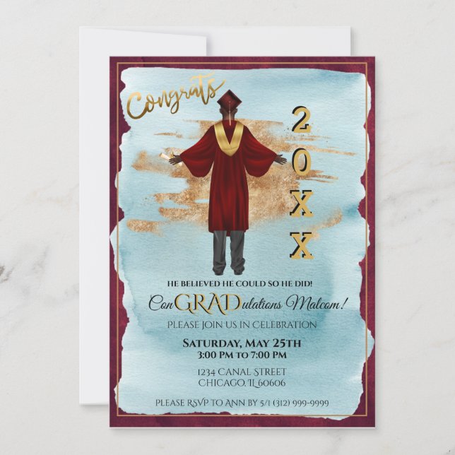 African American Male Grad Invitation (Dark Skin) (Front)