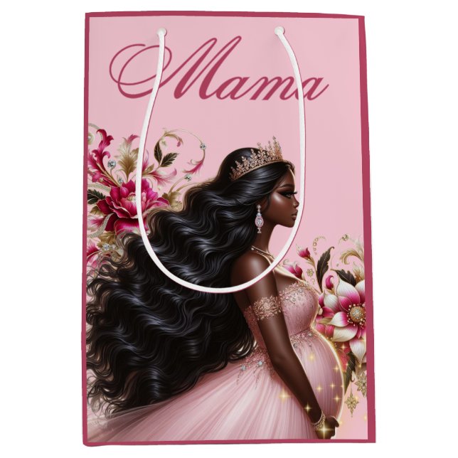 African American Mama to be Pink & Gold Medium Gift Bag (Front)