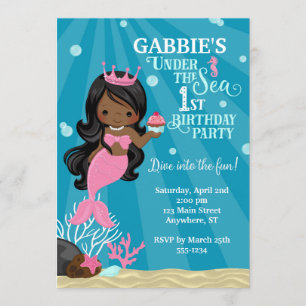 African American Mermaid 1ST Birthday Invitation