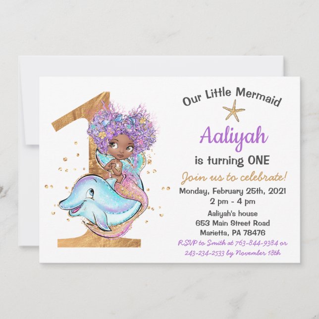 African American Mermaid 1st Birthday Invitation (Front)