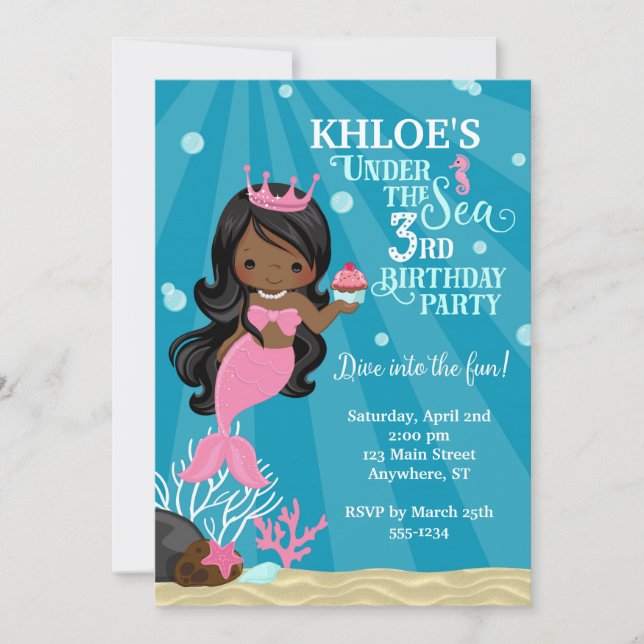 African American Mermaid 3RD Birthday Invitation (Front)