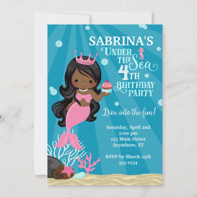 African American Mermaid 4TH Birthday Invitation (Front)