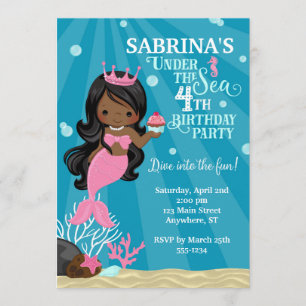 African American Mermaid 4TH Birthday Invitation