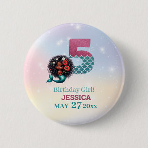 African American Mermaid 5Th Birthday 6 Cm Round Badge