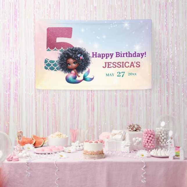 African American Mermaid 5Th Birthday  Banner (Party)