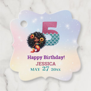 African American Mermaid 5Th Birthday Favour Tags