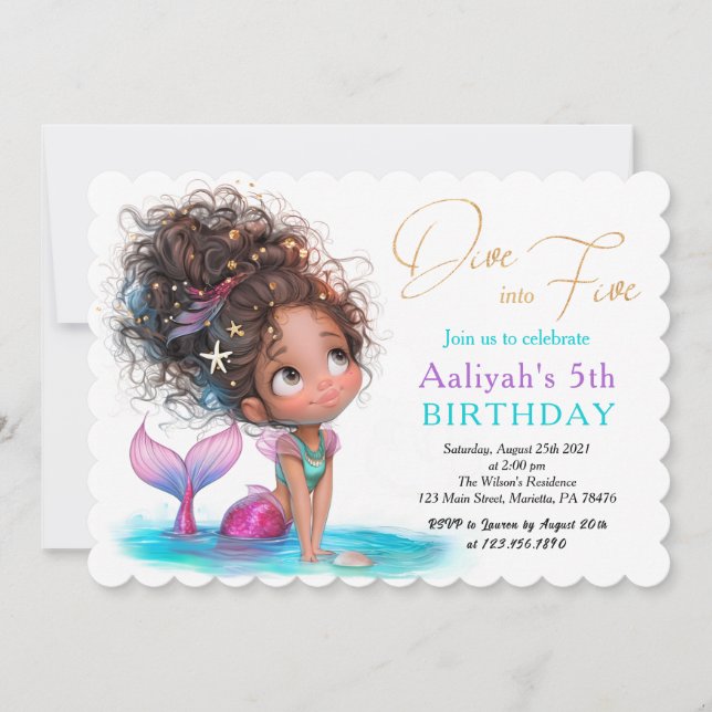 African American Mermaid 5th Birthday Invitation (Front)