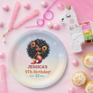 African American Mermaid 5Th Birthday Paper Plate