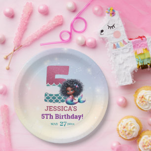African American Mermaid 5Th Birthday  Paper Plate