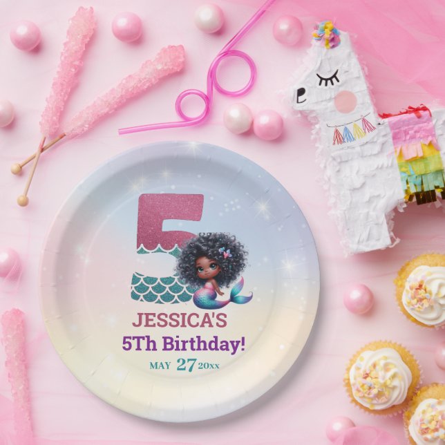 African American Mermaid 5Th Birthday  Paper Plate (Party)