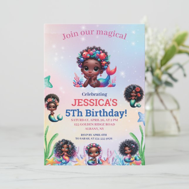 African American Mermaid 5Th Birthday Photo Invitation (Standing Front)