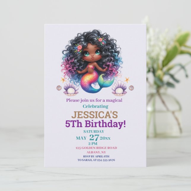 African American Mermaid 5Th Birthday Photo Invitation (Standing Front)