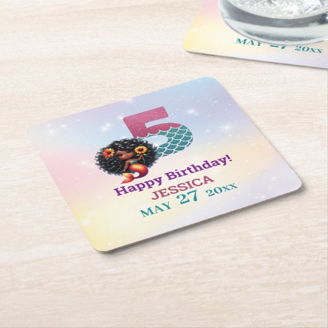 African American Mermaid 5Th Birthday  Square Paper Coaster (Angled)