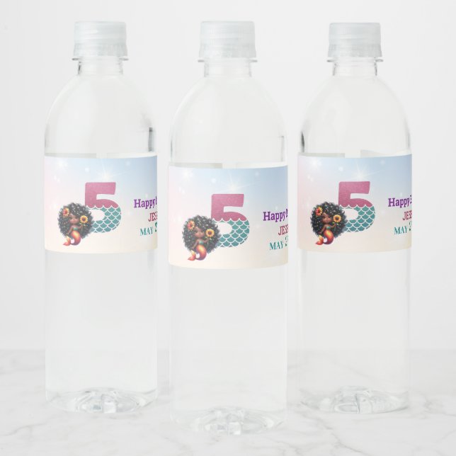 African American Mermaid 5Th Birthday  Water Bottle Label (Bottles)