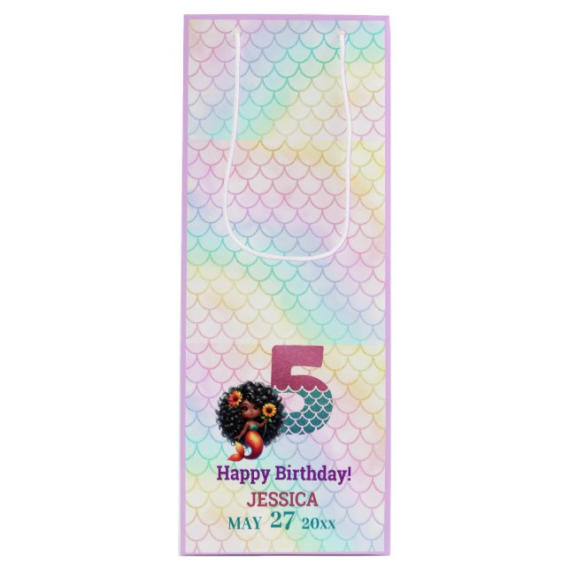 African American Mermaid 5Th Birthday  Wine Gift Bag (Front)