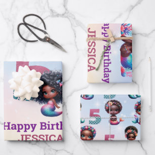African American Mermaid 5Th Birthday  Wrapping Paper Sheet