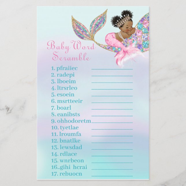African American Mermaid baby shower Baby Scramble (Front)